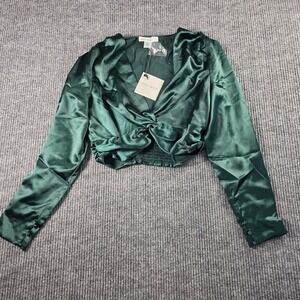 Spring + Mercer Emerald Green Satin Twist Front Crop Top Long Sleeve Size L NEW